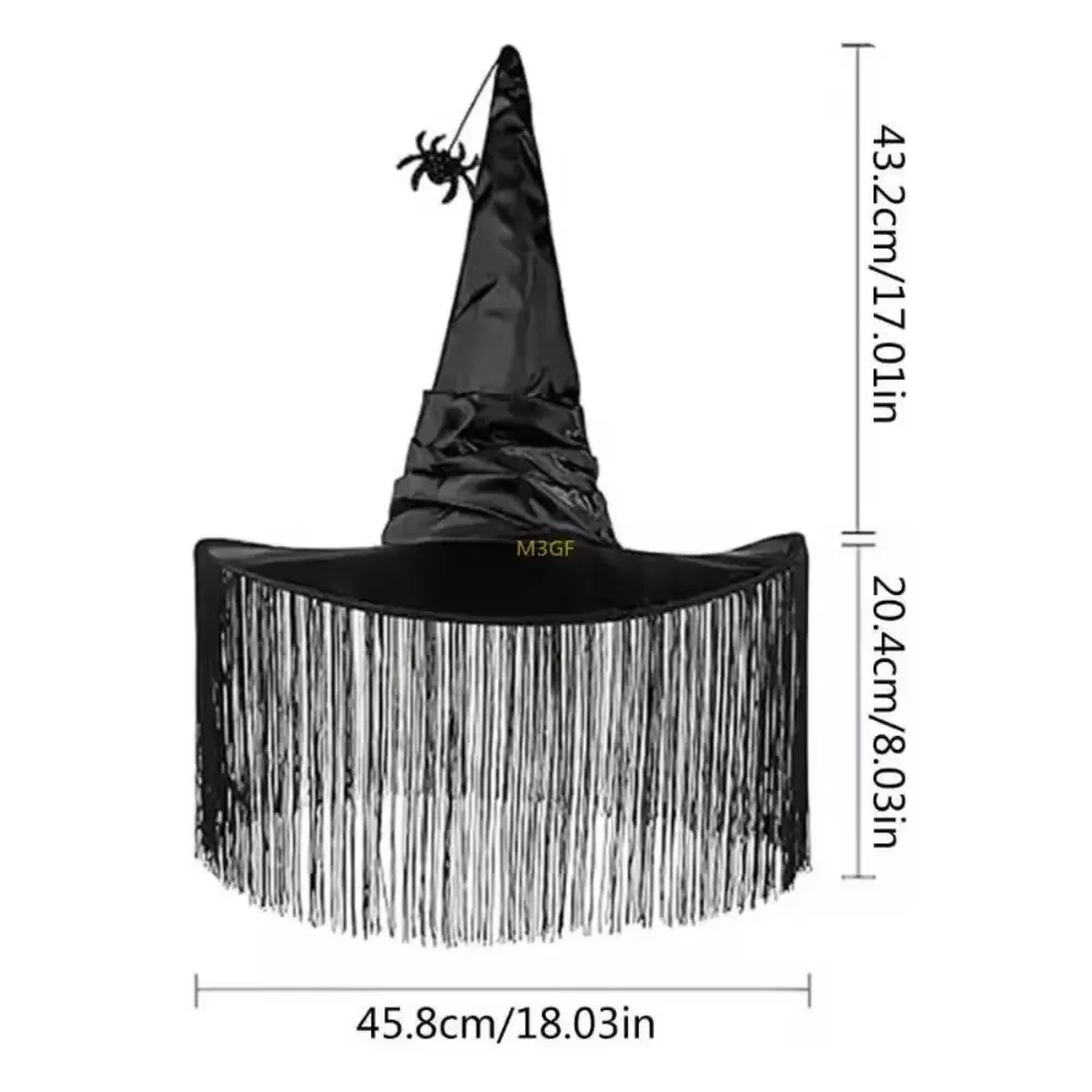 Black Witch Hat with Fringe & Bat Dangle  Halloween Costume Accessory
